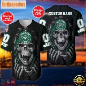 Custom Name And Number NFL Team New York Jets Skull Pattern Baseball Jersey Shirt