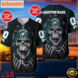 Custom Name And Number NFL Team Philadelphia Eagles Skull Pattern Baseball Jersey Shirt