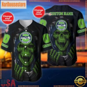 Custom Name And Number NFL Team Seattle Seahawks Skull Pattern Baseball Jersey Shirt