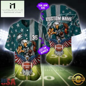 Custom Name And Number Philadelphia Eagles NFL Mascot US Flag Baseball Jersey Shirt