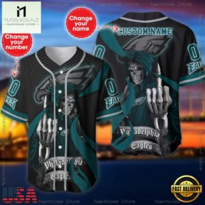 Custom Name And Number Philadelphia Eagles NFL Skull Death 3D Baseball Jersey Shirt