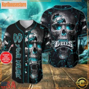 Custom Name And Number Philadelphia Eagles NFL Team Skull Baseball Jersey Shirt