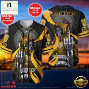 Custom Name And Number Pittsburgh Steelers NFL Skull Death 3D Baseball Jersey Shirt