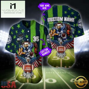 Custom Name And Number Seattle Seahawks NFL Mascot US Flag Baseball Jersey Shirt
