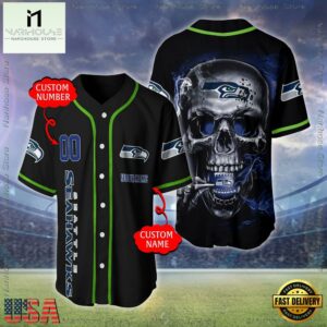 Custom Name And Number Seattle Seahawks NFL Skull Face 3D Baseball Jersey Shirt