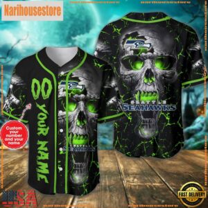 Custom Name And Number Seattle Seahawks NFL Team Skull Baseball Jersey Shirt