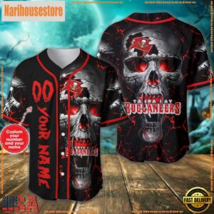 Custom Name And Number Tampa Bay Buccaneers NFL Team Skull Baseball Jersey Shirt