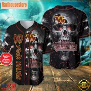 Custom Name And Number Washington Commanders NFL Team Skull Baseball Jersey Shirt
