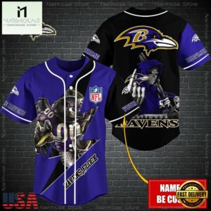Custom Name NFL Baltimore Ravens Mascot And Skull Baseball Jersey