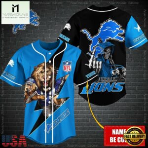 Custom Name NFL Detroit Lions Mascot And Skull Baseball Jersey