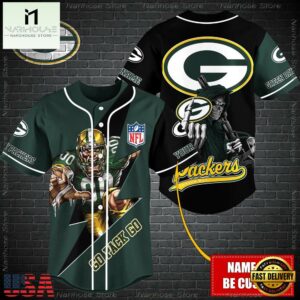 Custom Name NFL Green Bay Packers Mascot And Skull Baseball Jersey
