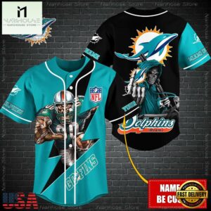 Custom Name NFL Miami Dolphins Mascot And Skull Baseball Jersey