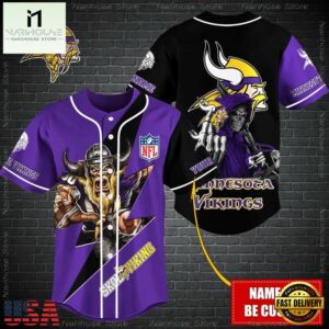 Custom Name NFL Minnesota Vikings Mascot And Skull Baseball Jersey