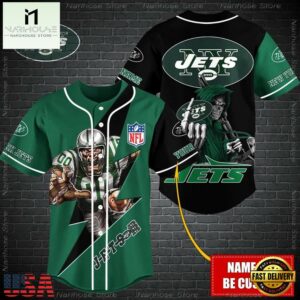 Custom Name NFL New York Jets Mascot And Skull Baseball Jersey