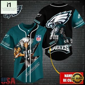 Custom Name NFL Philadelphia Eagles Mascot And Skull Baseball Jersey