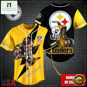 Custom Name NFL Pittsburgh Steelers Mascot And Skull Baseball Jersey
