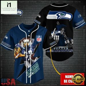Custom Name NFL Seattle Seahawks Mascot And Skull Baseball Jersey