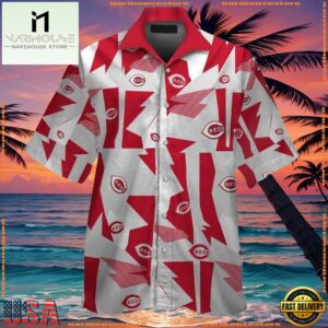 MLB Abstract Red Fanfare Cincinnati Reds Hawaiian ButtonUp ShirtGroup