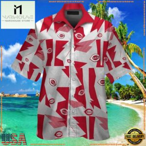MLB Abstract Red Fanfare Cincinnati Reds Hawaiian ButtonUp ShirtGroup