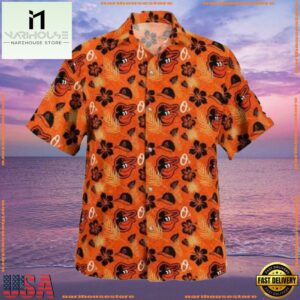 MLB Baltimore Orioles Casual Orange Hibiscus Hawaiian Shirt