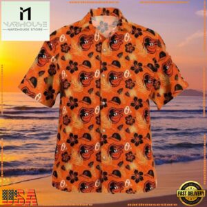 MLB Baltimore Orioles Casual Orange Hibiscus Hawaiian Shirt