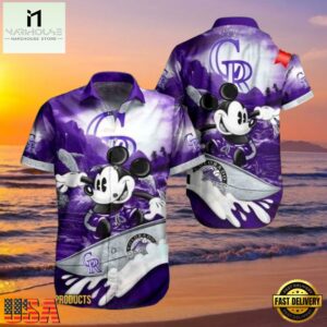 MLB Colorado Rockies Aloha Shirt Featuring Mickey Mouse Riding Waves