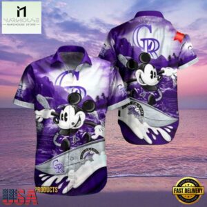 MLB Colorado Rockies Aloha Shirt Featuring Mickey Mouse Riding Waves