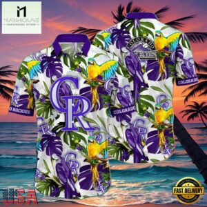 MLB Colorado Rockies Regal Purple Parrot And Palm Hawaiian Shirt