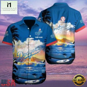 MLB Dodgers Sunset Palms Customizable Hawaiian Shirt