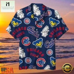 MLB Iconic Chicago Cubs Emblems Navy Aloha Hawaiian Shirt Chicago Cubs Aloha Wear