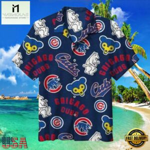 MLB Iconic Chicago Cubs Emblems Navy Aloha Hawaiian Shirt Chicago Cubs Aloha Wear