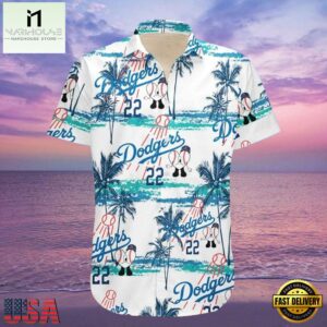 MLB LA Dodgers Classic Stripe And Palms Aloha Shirt Pristine Beach Vibe