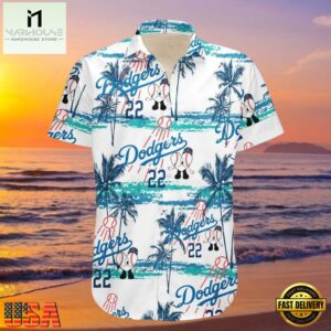 MLB LA Dodgers Classic Stripe And Palms Aloha Shirt Pristine Beach Vibe