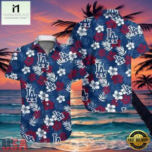 MLB LA Dodgers Floral Emblem Aloha Shirt Classic Red And Blue