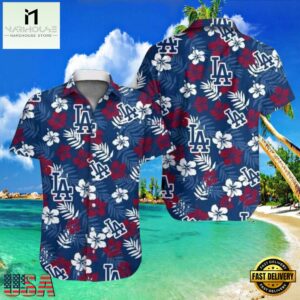 MLB LA Dodgers Floral Emblem Aloha Shirt Classic Red And Blue