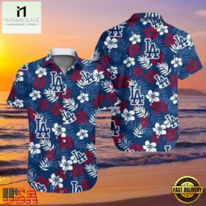 MLB LA Dodgers Floral Emblem Aloha Shirt Classic Red And Blue