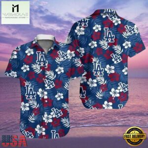 MLB LA Dodgers Floral Emblem Aloha Shirt Classic Red And Blue