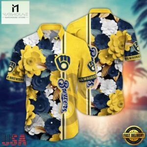MLB Milwaukee Brewers Hawaiian Shirt Floral Stripe Design