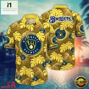 MLB Milwaukee Brewers Hawaiian Shirt Golden Leaf Design