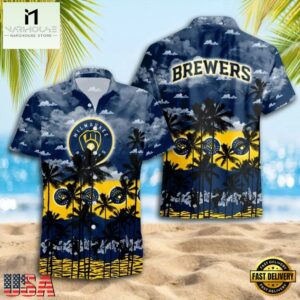 MLB Milwaukee Brewers Hawaiian Shirt Sunset Palms Design