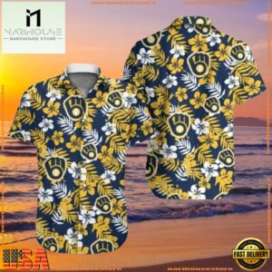 MLB Nautical Navy Milwaukee Brewers Tropical Floral Summer Hawaiian Shirt