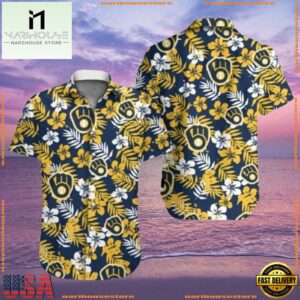 MLB Nautical Navy Milwaukee Brewers Tropical Floral Summer Hawaiian Shirt