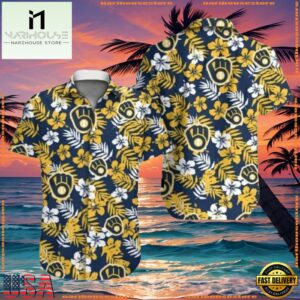 MLB Nautical Navy Milwaukee Brewers Tropical Floral Summer Hawaiian Shirt