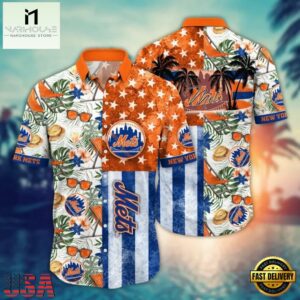 MLB New York Mets Monstera Leaves American Flag Hawaiian Shirt
