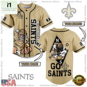 NFL New Orleans Saints Mascot Go Saints Custom Name Number Baseball Jersey