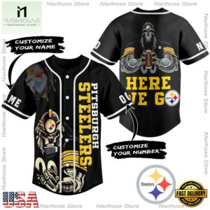 NFL Pittsburgh Steelers Here We Go Custom Name Number Baseball Jersey