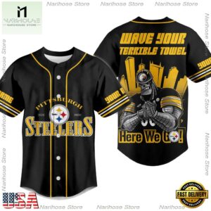 NFL Pittsburgh Steelers Wave Your Terrible Towel Here We Go Custom Name Baseball Jersey