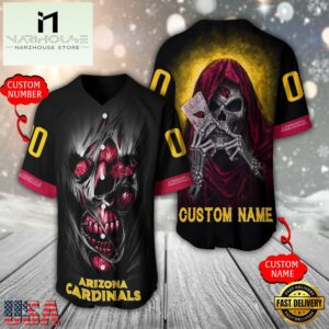 Personalized Name And Number Arizona Cardinals NFL Team Skull Death Baseball Jersey Shirt