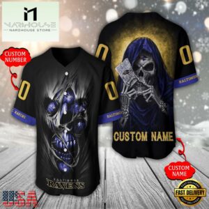 Personalized Name And Number Baltimore Ravens NFL Team Skull Death Baseball Jersey Shirt