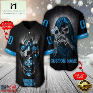 Personalized Name And Number Carolina Panthers NFL Team Skull Death Baseball Jersey Shirt